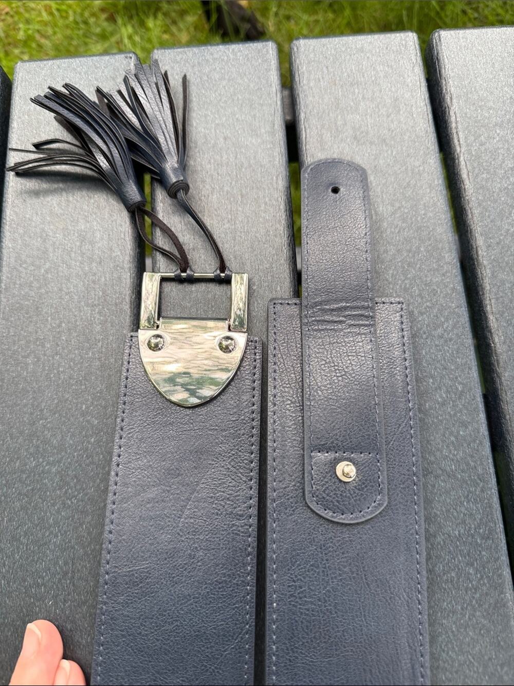 Chico's Navy Blue Stretch Belt with Tassels Small
